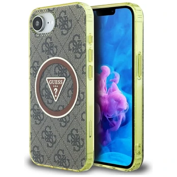 Dėklas Guess IML Metal Glitter 4G Circle Triangle MagSafe do iPhone 16e ruda