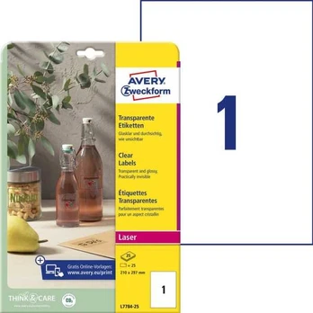 Avery Zweckform Avery L7784-25, Transparent, Non-adhesive spausdintuvas label, A4, Polyester, lazerinis, Permanent