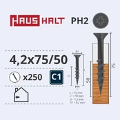 Medsraigčiai Haushalt PH2, 4.2 x 75 mm, pilka, 250 vnt. kaina
