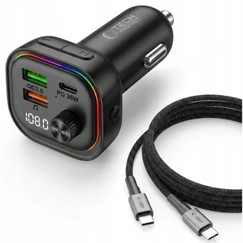 FM siųstuvas LED automobilinis įkroviklis Bluetooth USB + Type-C laidas 50 cm