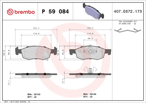 Stabdžių trinkelių rinkinys, diskinis stabdys BREMBO P59084