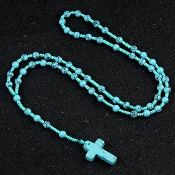 Rožančius su kryžiumi, created-sapphire (synthetic)