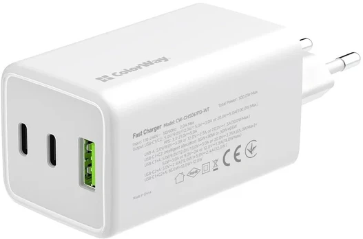 ColorWay Charger: 2x USB-C, 1x USB-A / GaN / PD / PPS / 100W / Baltas