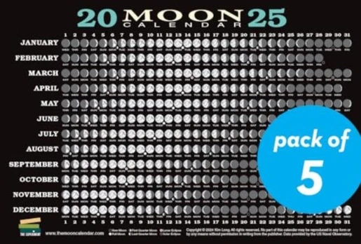 2025 Moon Calendar Card (5 pack), Lunar Phases, Eclipses, and More!
