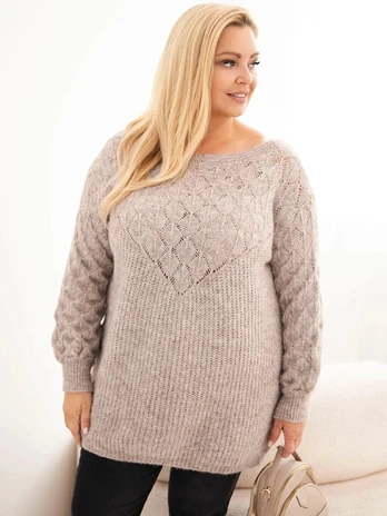 Moteriškas Plus Size megztinis su ažūriniu raštu, rudos spalvos