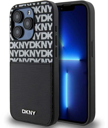 Dėklas DKNY PU Leather Repeat Pattern Card Pocket Case for iPhone 14 Pro Max Juodas