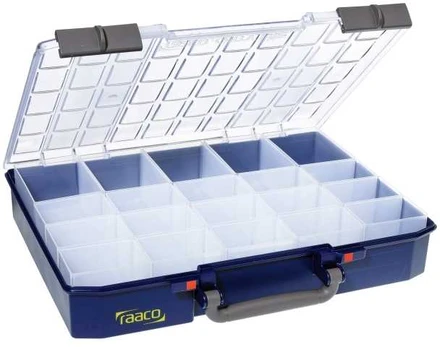 raaco CarryLite 80, Tool box, Polycarbonate (PC), Polypropylene, Mėlyna, Transparent, 13 kg, Hinge, 413 mm
