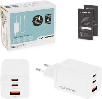 Movano GaN 65W 2x USB-C PD + USB-A Charger (White)