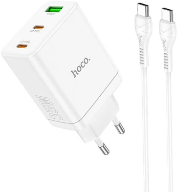 HOCO charger 2 x Type C + USB A + cable Type C to Type C QC PD 35W N33 baltas