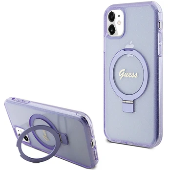 Dėklas Guess Ring Stand Script Glitter MagSafe case for iPhone 11 / Xr - violetinė