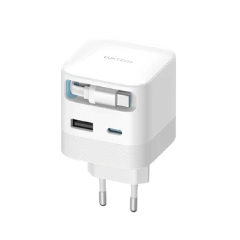 Cuktech AD653W 67W GaN 2x USB-C + USB-A Wall Charger with 70cm Retractable USB-C Cable - Baltas
