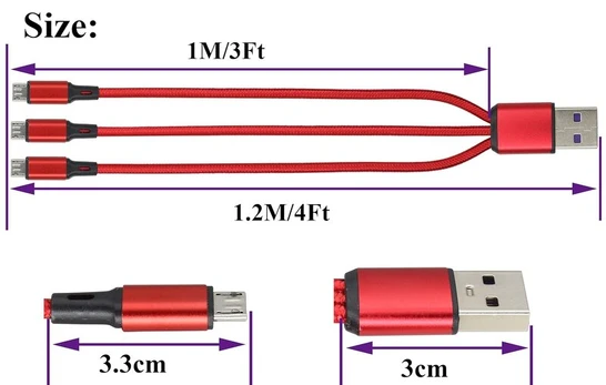 3-in-1 Usb 2.0 Micro Kabelis, 1.2m, Raudonas (2 vnt.)