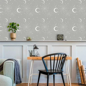 Artgeist Tapetas - Cosmic Fireworks - Elegant pattern with moons and stars on a pilka background.
