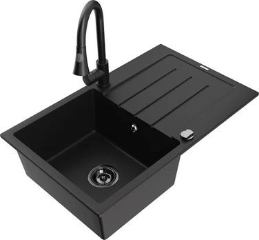 Granitinė virtuvinė plautuvė Mexen Bruno su maišytuvu ir sifonu, Black