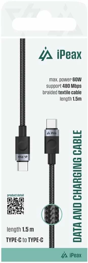 iPEAX TEXTILE CABLE USB-C / USB-C 1.5M, USB 2.0 Juodas