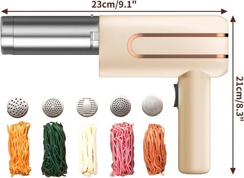 Rankinis elektrinis makaronų gaminimo aparatas, rankinis presas su 5 režimais, nešiojamas rankinis makaronų gaminimo aparatas namams, įkraunamas makaronų gaminimo aparatas spagečiams/fettuccine (beige)