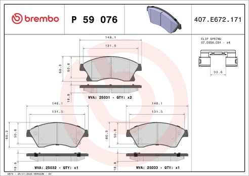 Stabdžių trinkelių rinkinys, diskinis stabdys BREMBO P 59 076