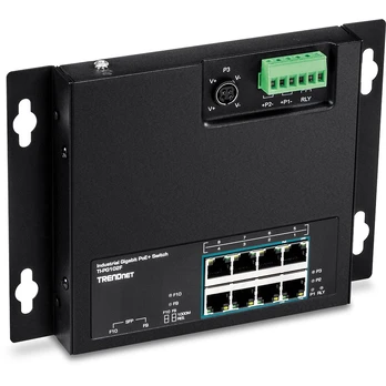 Šakotuvas TRENDnet 10 prievadų pramoninis Gigabit PoE+ WallMount priekinis Acc