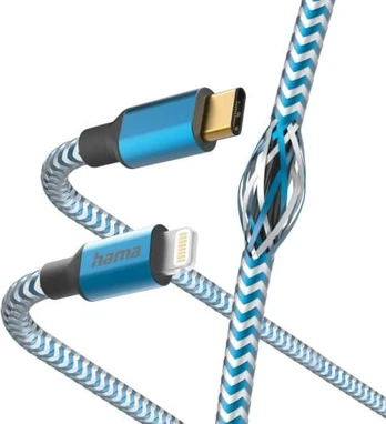 Hama 00201561 Reflective Charging Cable, USB-C - Lightning 1.5m Nylon blue