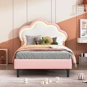 Lova 90*200cm, galvūgalis su LED apšvietimu, viengulė lova, rožinė
