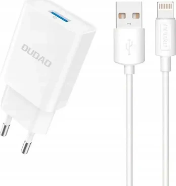 Dudao A4EU USB-A 2.1A wall charger - baltas + USB-A - Lightning cable