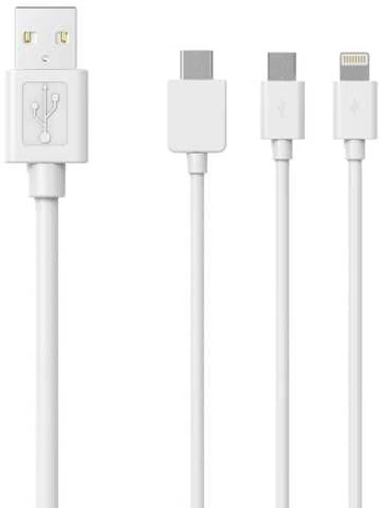 Sinox 3-i-1 kabelis med Lightning, USB C og Micro USB. 1m. Hvid