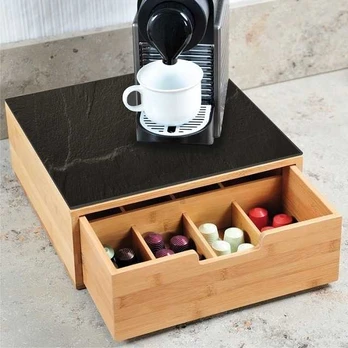 Coffee capsule storage box, box with drawer and cutting board, bamboo, 2-in-1