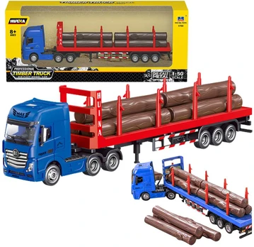 Metalinis medienos transportavimo sunkvežimis su rąstais, raudonas