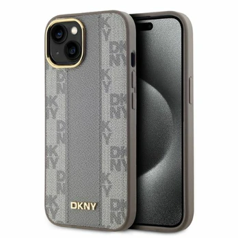Dėklas DKNY PU Leather Checkered Pattern Magsafe Case for iPhone 15 rusvai gelsvas