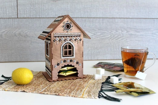 Beaded embroidery on wooden base "Tea house №2" SO-073