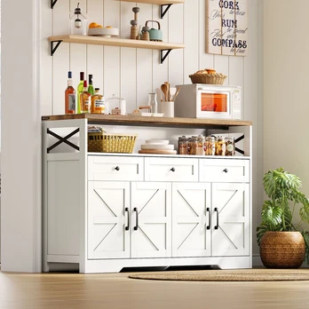 Buffet spintelė 140 cm, 3 stalčiai, durys, baltas-rudas