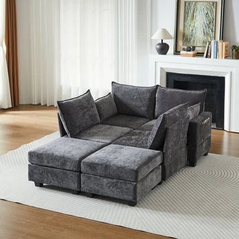 Chenille modulinė sofa, U formos, su dėžėmis, 6 vietų