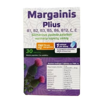 Margainis plius B1, B2, B3, B5, B6, B12, C, E, Biotinas, Folio rūgštis, 30 tablečių