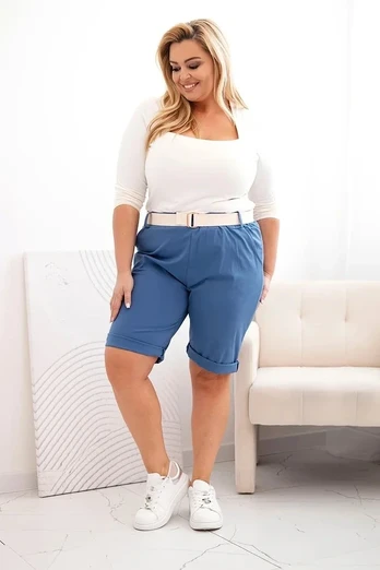 Moteriški Plus Size šortai su diržu, mėlynos spalvos