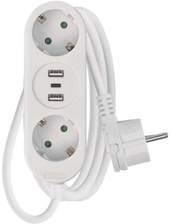 Emos Pailginimo kabelis 1,5 m 2x lizdas + 2x USB A + 1x USB C baltas