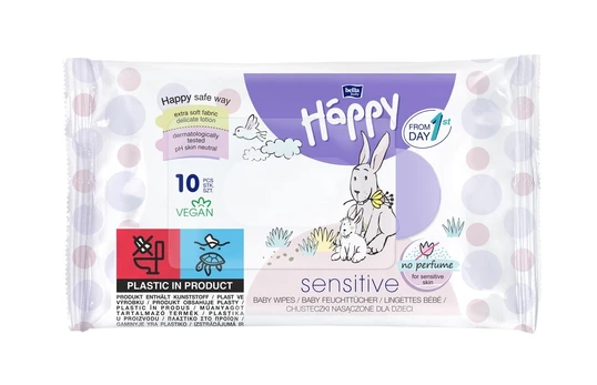 Drėgnos servetėlės Happy Sensitive, 10 vnt.