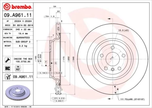Stabdžių diskas BREMBO 09.A961.11