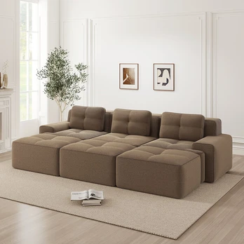 Modulinė sofa be rėmo, miego funkcija, 3 taburetės, ruda