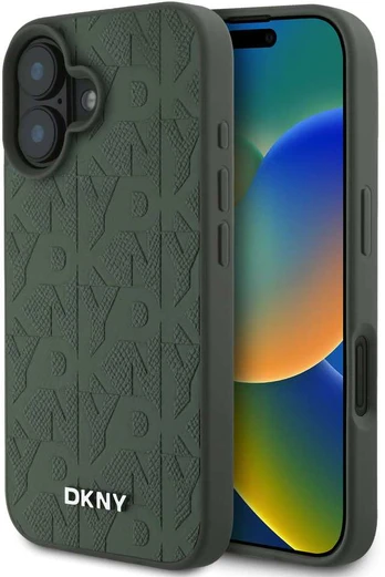 DKNY PU Leather Grid Pattern Magsafe Case for iPhone 16 Žalias