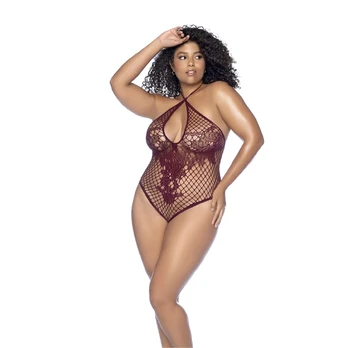 Mapele Floral Fishnet Bodysuit Queen Size Cherry Adjustable Neckline