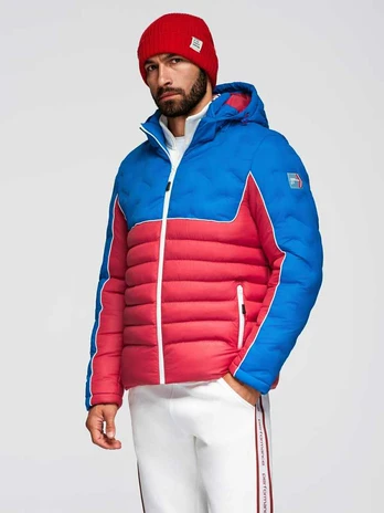 Men's long quilted jacket with large pockets - beige V2 OM-JALJ-0308