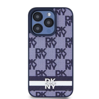 Dėklas DKNY PU Leather Checkered Pattern and Stripe Case for iPhone 15 Pro Mėlyna