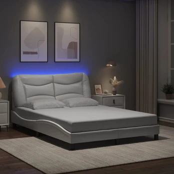Lovos rėmas su LED, baltos spalvos, 140x190cm, dirbtinė oda