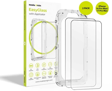 Mobile Origin EasyGlass su aplikatoriumi iPhone 16 Pro Max/17 Pro Max, 2 vnt. pakuotė