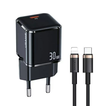 Incarcator Priza 1xUSB-C GaN 30W + Cablu Lightning 1.2m - USAMS (UXTZH01) - Black