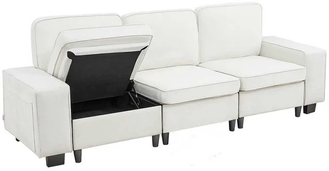 Baltas sofa su vieta daiktams apačioje
