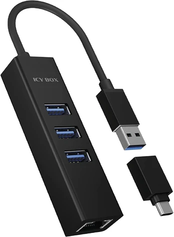 Raidsonic 4 prievadų šakotuvas su USB 3.0 Type-A, Type-C, Gigabit LAN Icy Box IB-HUB1419-LAN