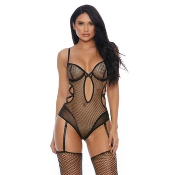 Forplay Caught In The Feels Bodysuit S - Soft Mesh, Garter Straps, Juodas