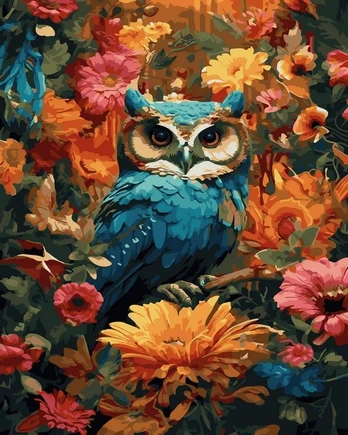 Tapyba Pagal Skaičius: „Pelėda rudens gėlėse“ 40x50 cm