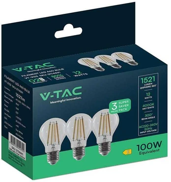 V-TAC LED lemputė 12W E27 4000K A60 (3 vnt.)
